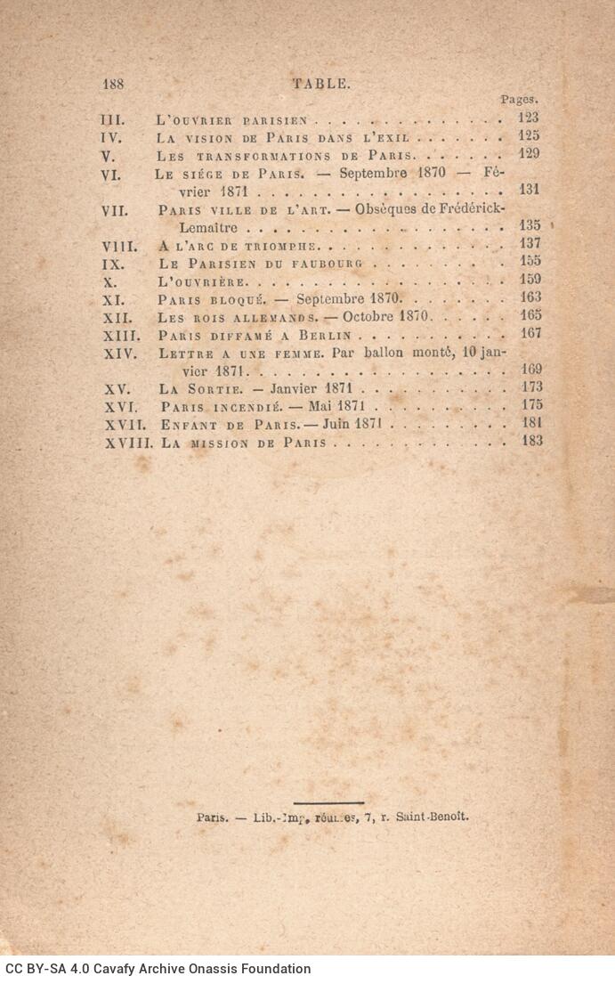 18,5 x 12 εκ. 4 σ. χ.α. + 188 σ., όπου στη ράχη η τιμή του βιβλίου “2 francs”. Στο φ.